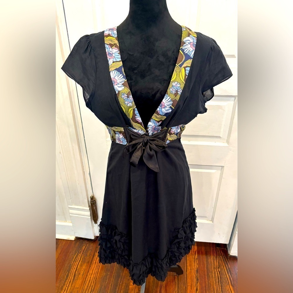 Free People Sz 12 Dress Ruffle Hem Floral Cotton Black Tie Front Y2K 90s